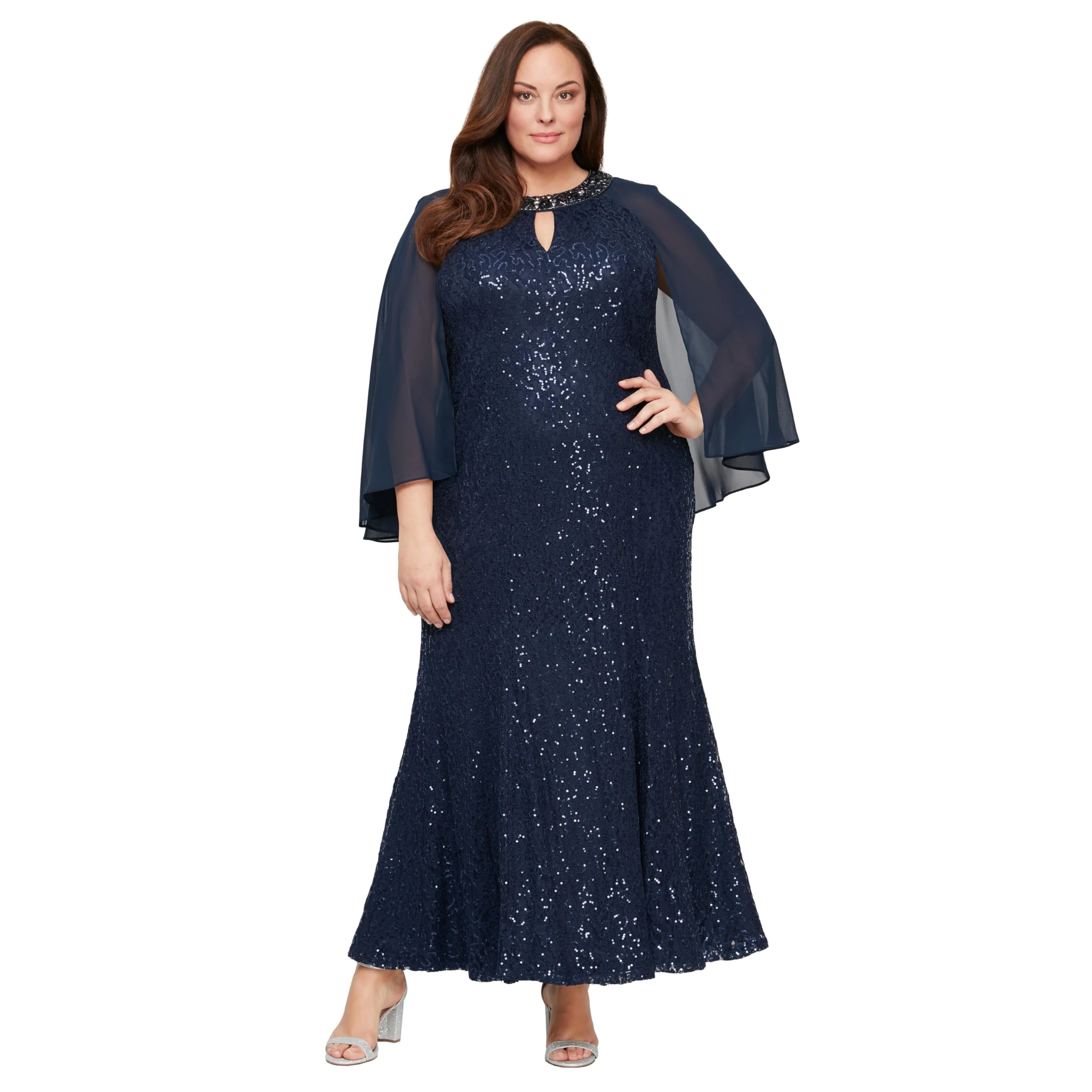 Alex Evenings Women's Plus-Size Cold Shoulder Popover Dress Special Occasion, Navy Cape, 20