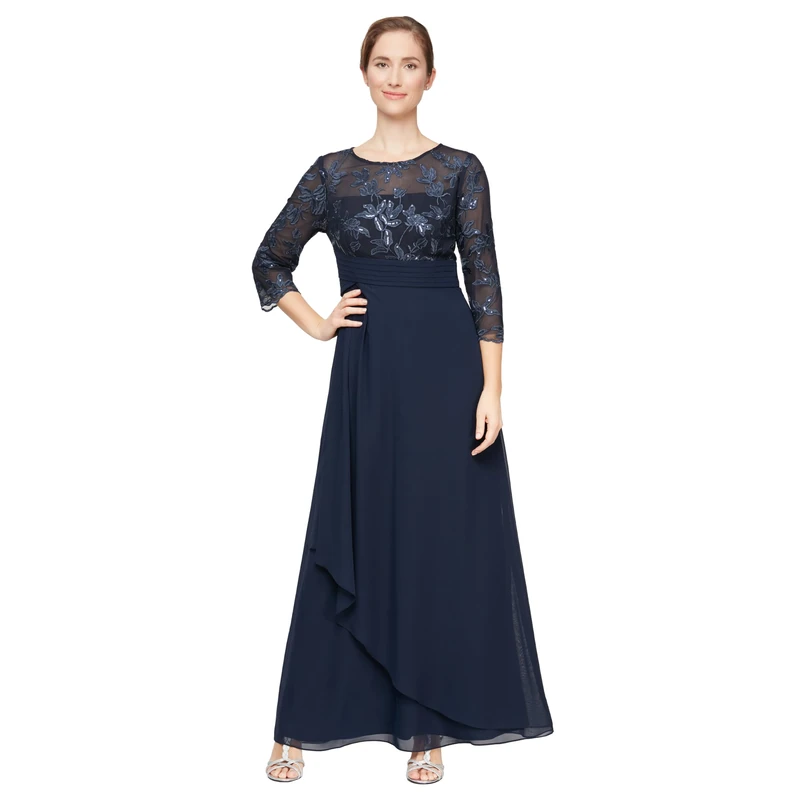 Alex Evenings Women's Long Lace Top Empire Waist Dress, New Embroidered Navy, 16