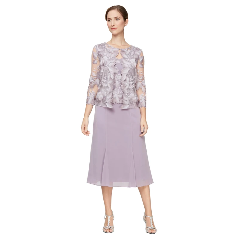 Alex Evenings Women's Two Piece Tea Length Mock Lace Jacket Dress (Petite and Regular Sizes), Smokey Orchid Tea, 16