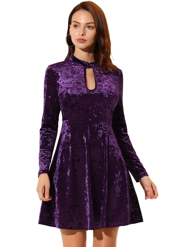 Allegra K Women's Keyhole Neck Dresses High Waist Long Sleeve Christmas Velvet Swing Mini Dress, Purple, S - Image 1
