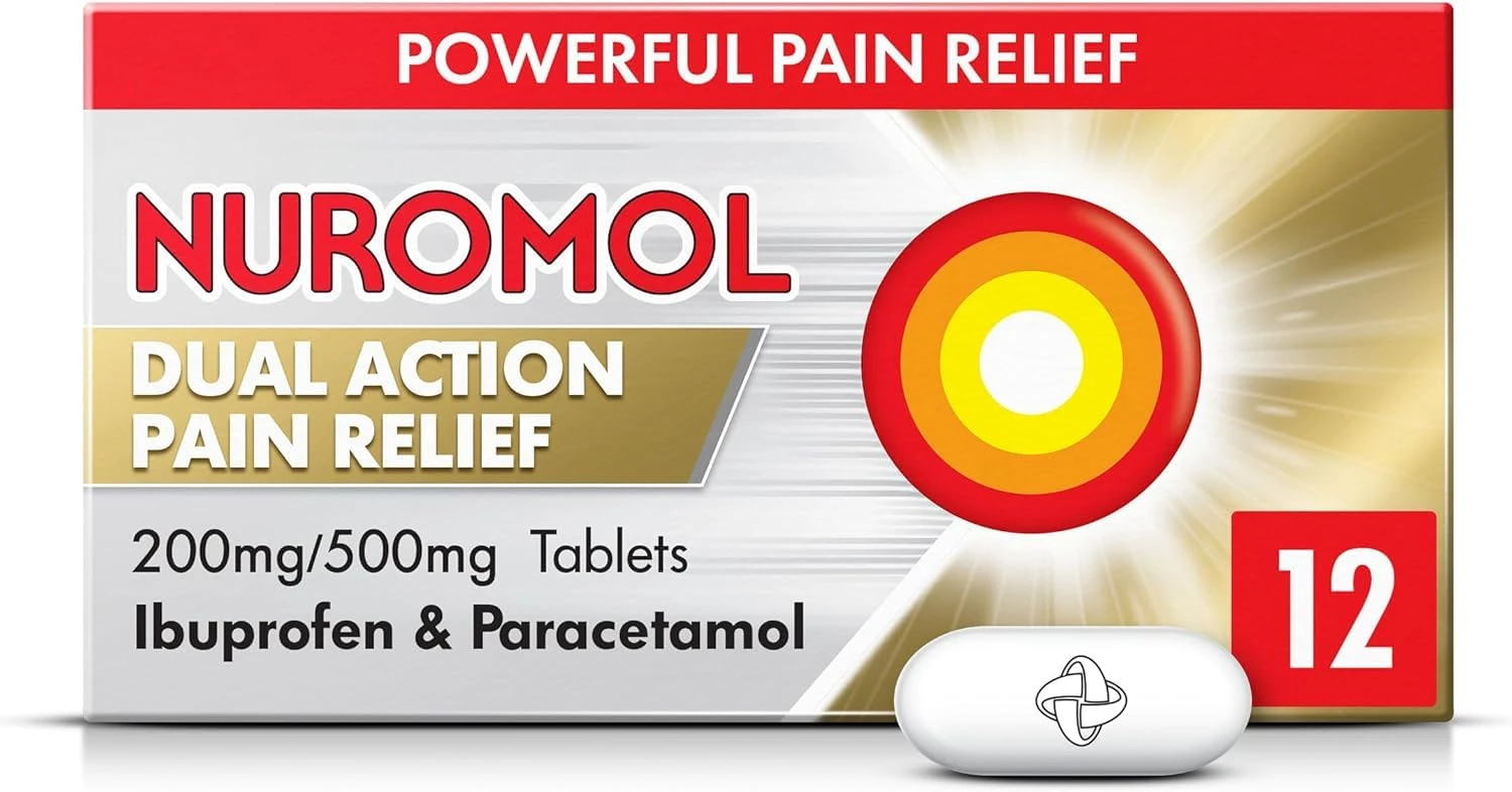 Nuromol Pain Relief Ibuprofen and Paracetamol Tablets, 12 Pack, Migraine Relief, Headache Relief, Joint, Period, Flu Tablets, Powerful Painkillers, Paracetamol, Pain and Fever