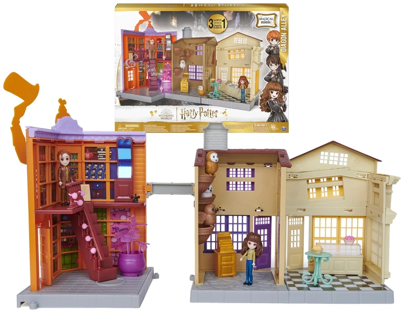 Wizarding World Harry Potter, Magical Minis Diagon Alley 3-in-1 Playset with Lights and Sounds, 2 Figures, 21 Accessories, Kids’ Toys for Ages 6 and up