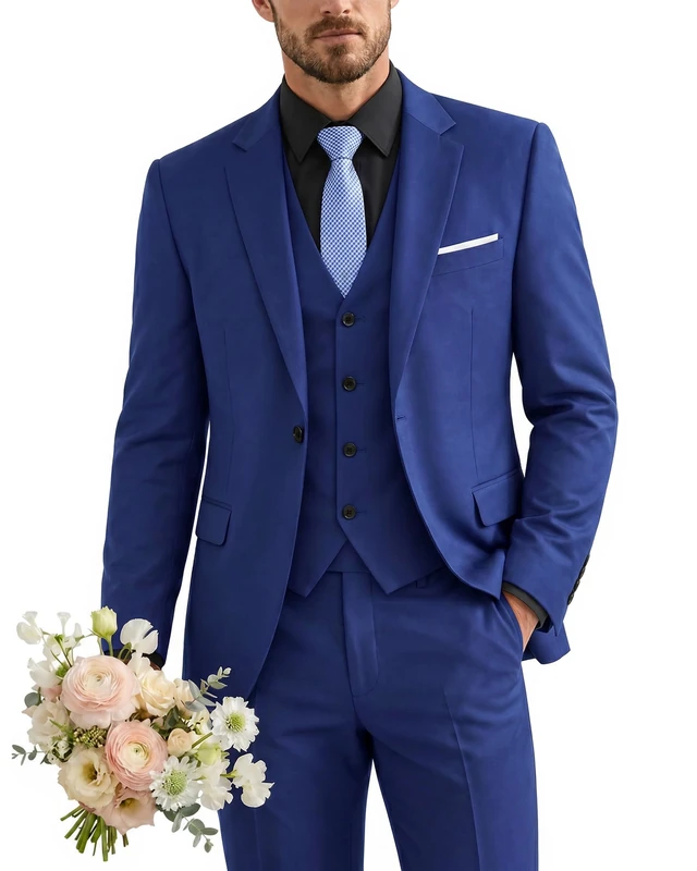 YND Men's Slim Fit 3 Piece Suit, One Button Jacket, Vest, Pants Set with Tie, Sapphire, XL - Image 1