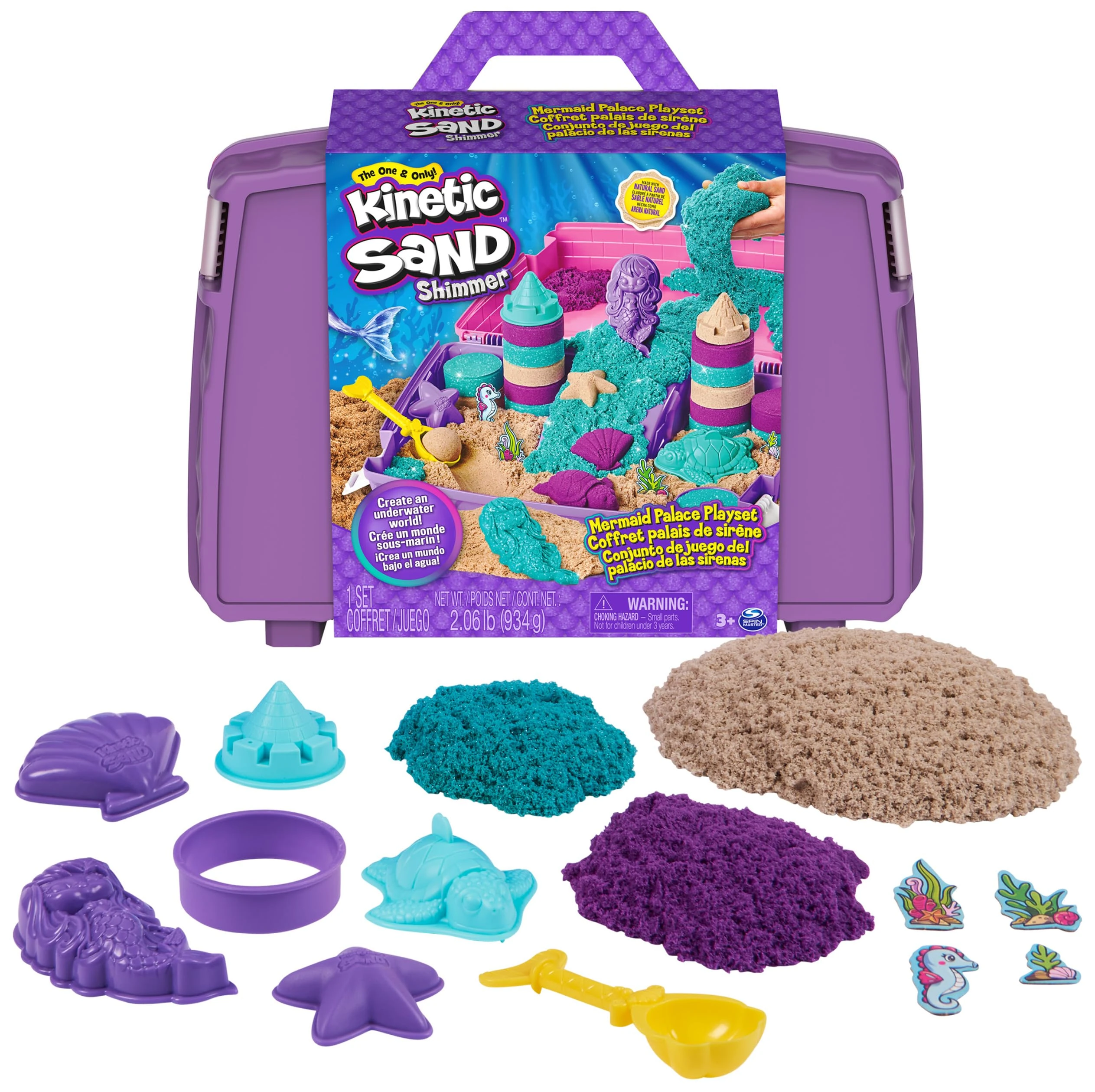Kinetic Sand, Mermaid Palace Playset, 2.06lbs of Shimmer Play Sand (Neon Purple, Shimmer Teal, and Beach Sand), Reusable Folding Sandbox and Tools, Sensory Toys for Kids Ages 3 and up
