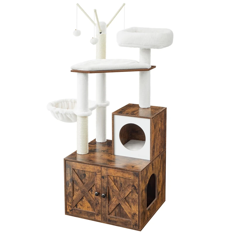 Feandrea WoodyWonders 2-in-1 Modern Cat Tower, Cat Condo with Scratching Posts, Rustic Brown PCT113X01