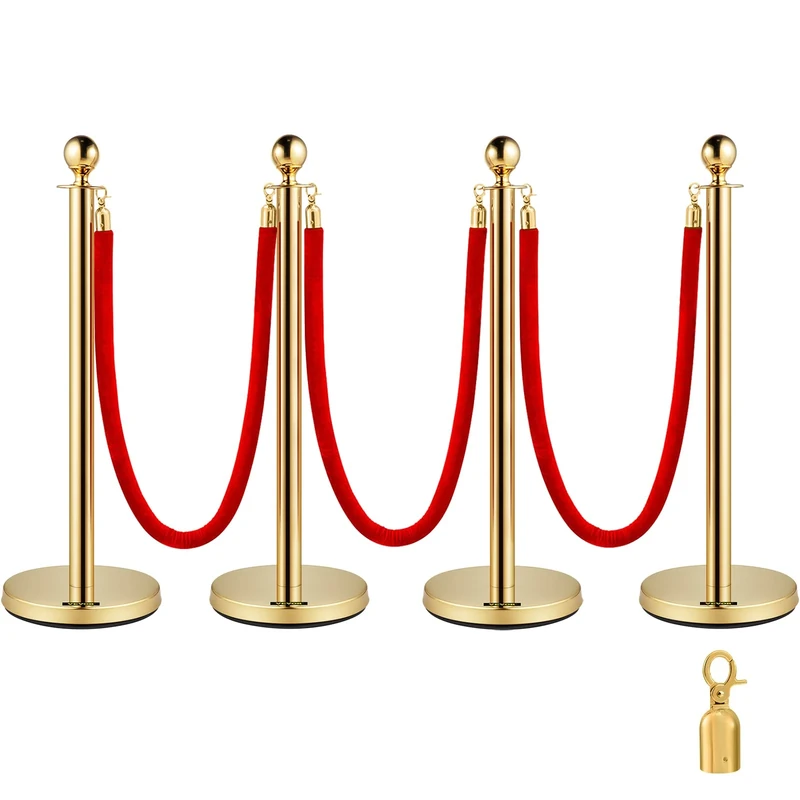 VEVOR Stainless Steel Barrier Post Rope Delivery Stand Ball Head 3 Red Velvet Ropes Golden Column 4 Pack Crowd Control Barriers