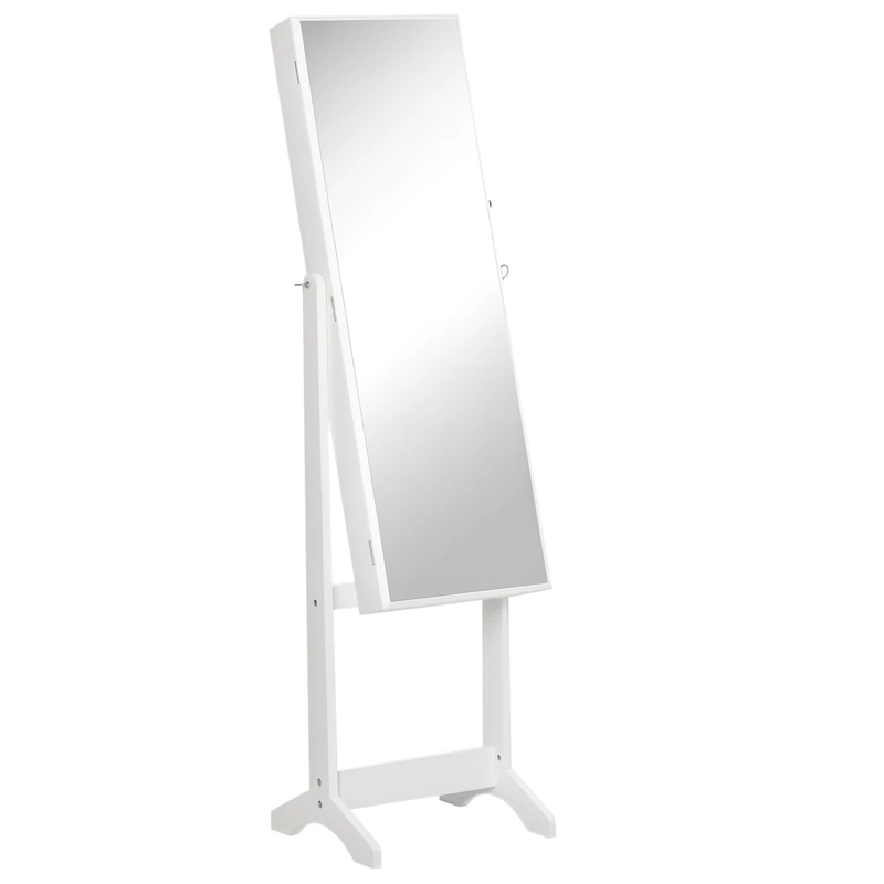 HOMCOM Full Length Mirror with Storage, Jewellery Cabinet with Mirror, Adjustable Angle and Stand, Lockable Jewellery Organiser for Bedroom Dressing Room, White