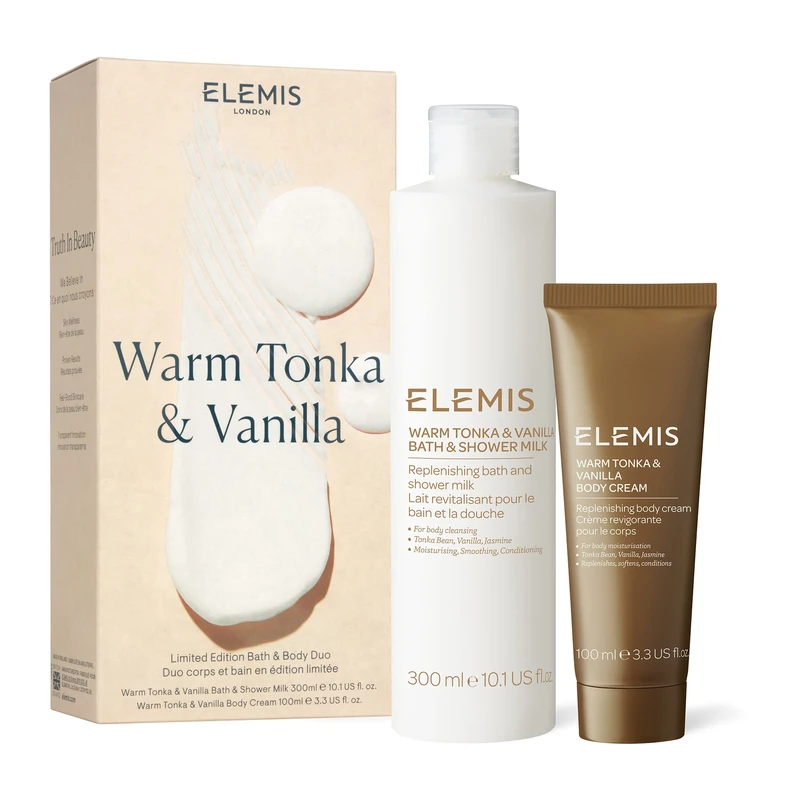 ELEMIS Warm Tonka & Vanilla Body Duo, Limited Edition Bath & Body Shower Milk & Body Cream Duo, Nourishing Bathing Cream & Softening Body Moisturiser, Treat Your Skin to a Cosy & Aromatic Indulgence