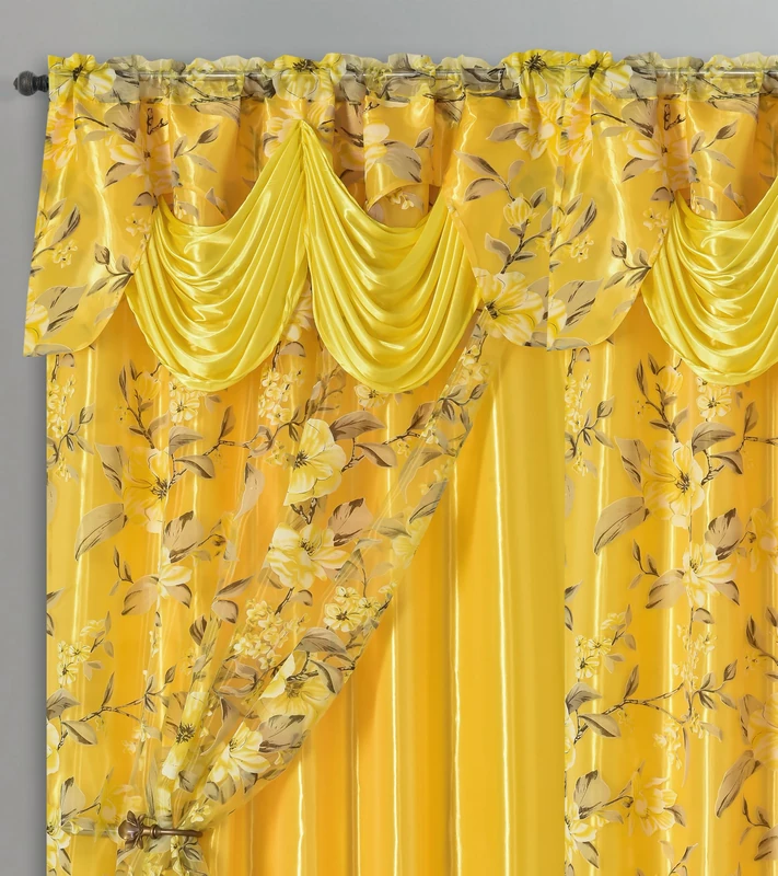 GOHD Roman Romance Burnt-Out Printed Organza Window Curtain With Backing Set - Choice of 2pcs Treatment or 1pc Valance (Yellow, 55 x 84 inches + Attached Valance x 2pcs) - Image 1