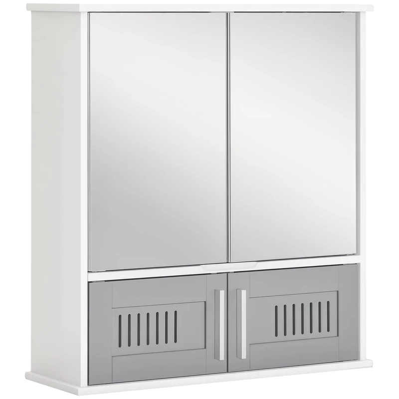 kleankin Bathroom Mirror Cabinet, Wall Mounted Storage Cupboard with Double Doors and Adjustable Shelf, Bathroom Organizer, Grey - Image 1