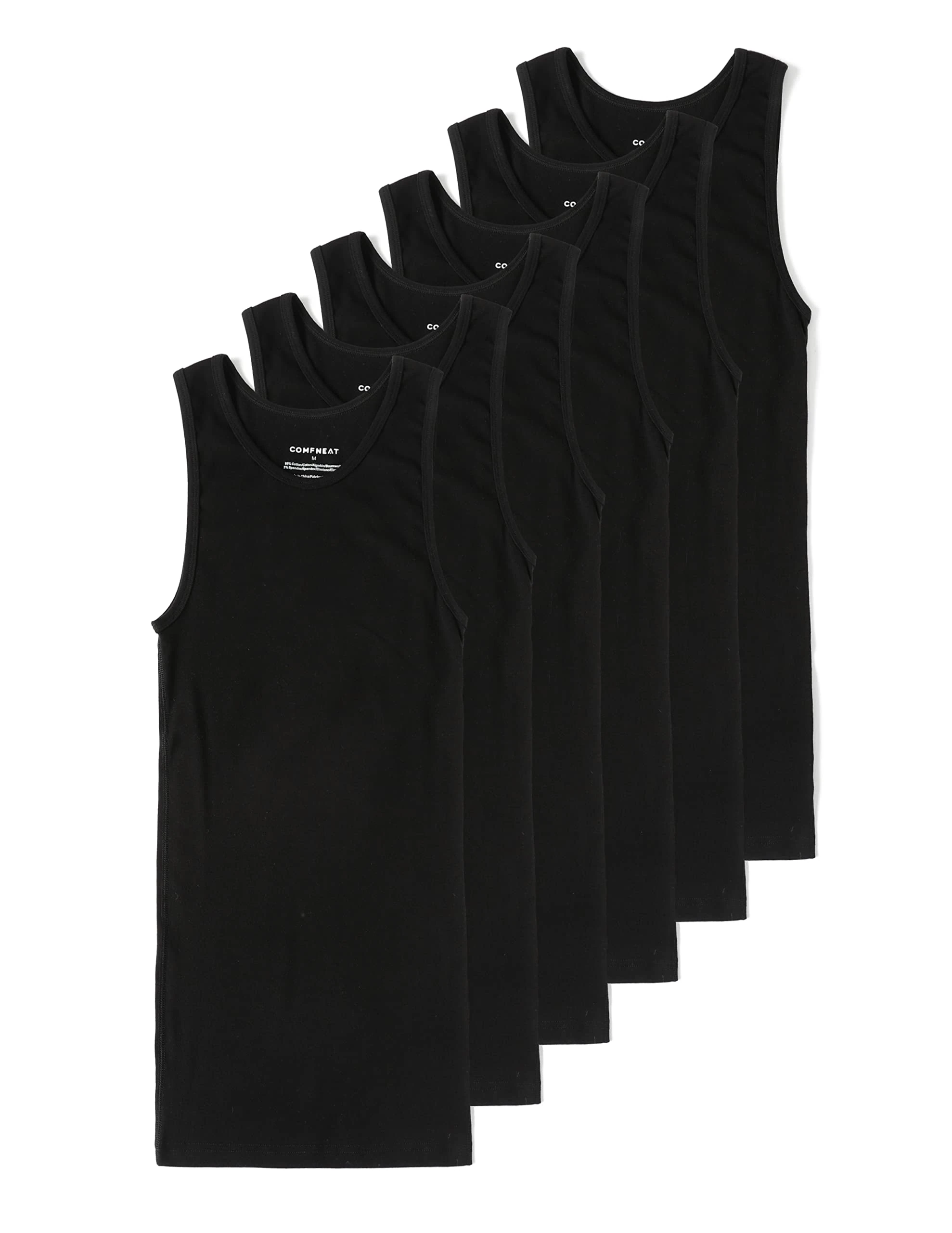 Comfneat Men's 6-Pack A-Shirts Tight Fit Tank Tops Cotton Spandex Undershirts (Black 6-Pack, M)