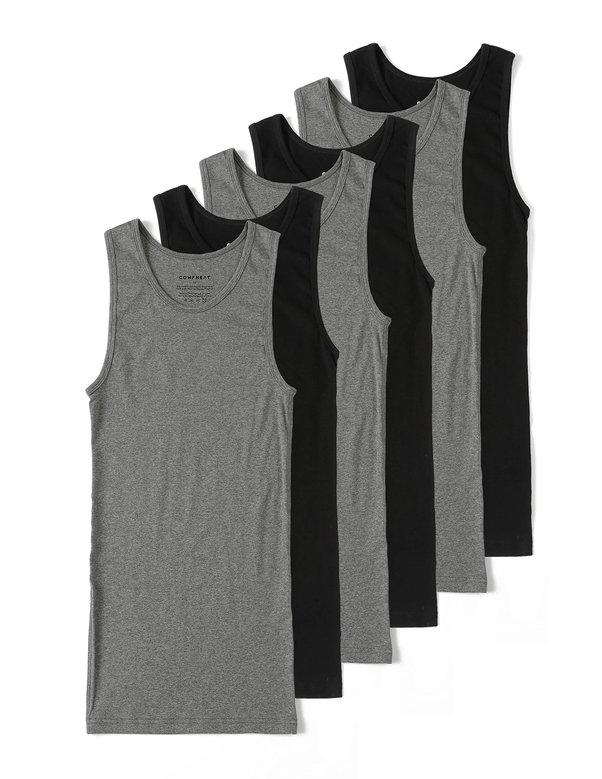 Comfneat Men's 6-Pack A-Shirts Tight Fit Tank Tops Cotton Spandex Undershirts (Black+Dark Grey Melange 6-Pack, M)