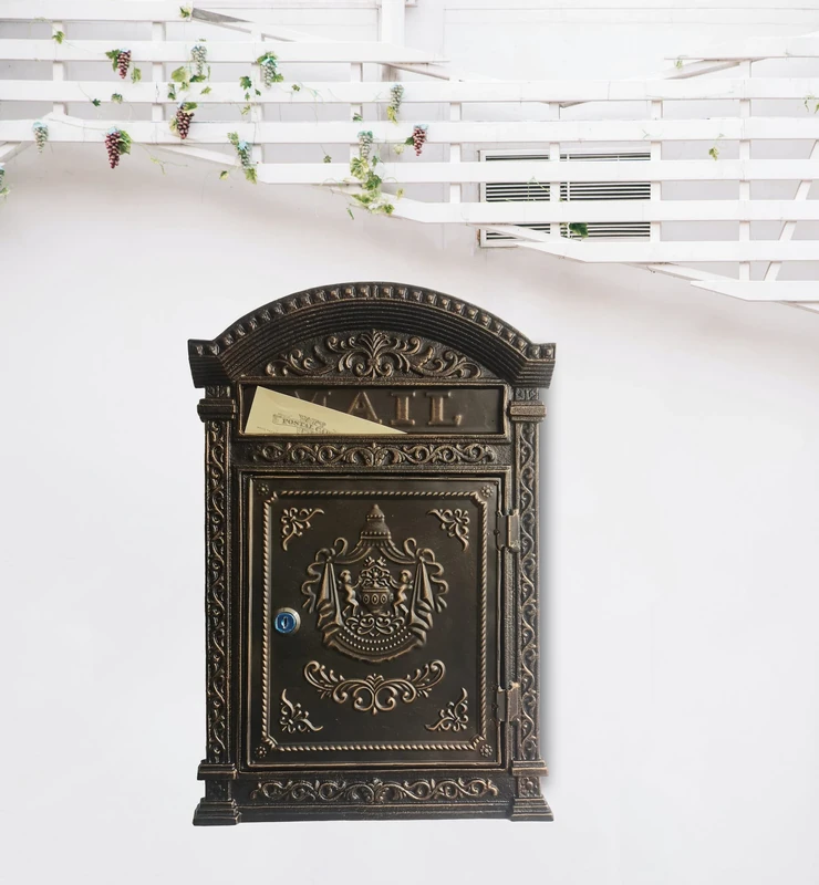 Decorative Lock Mailbox Outdoor - Metal Wall-Mounted Mailbox - Vintage Cast Iron Locking Mailbox