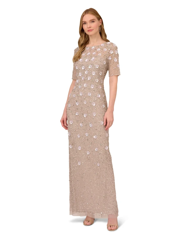 Adrianna Papell (ADRIL) Women's Long Hand Beaded 3D Floral Dress with Elbow Sleeves, Marble, 10 - Image 1