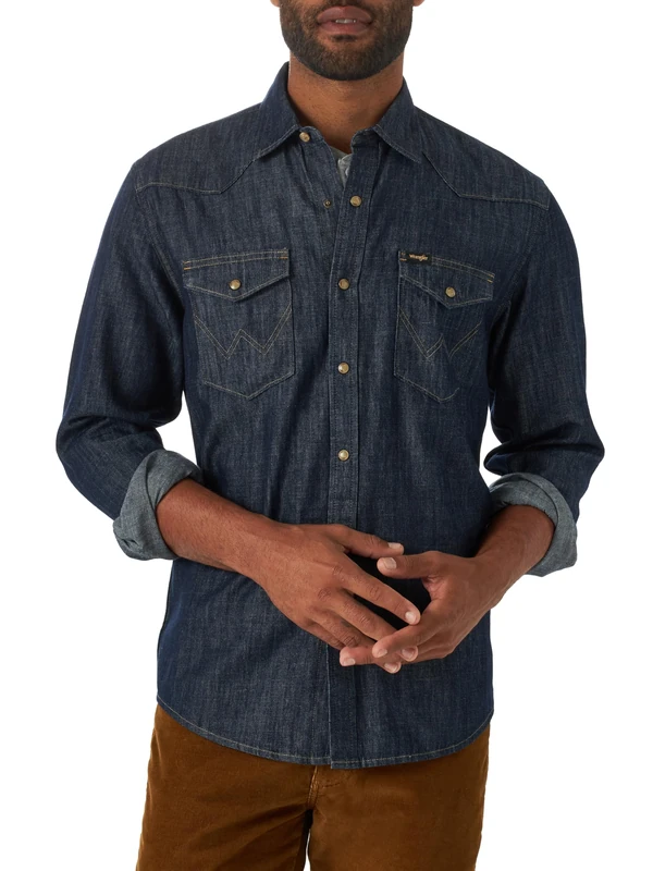 Wrangler Men's Iconic Regular Fit Snap Shirt Button, Rinse Denim, Medium