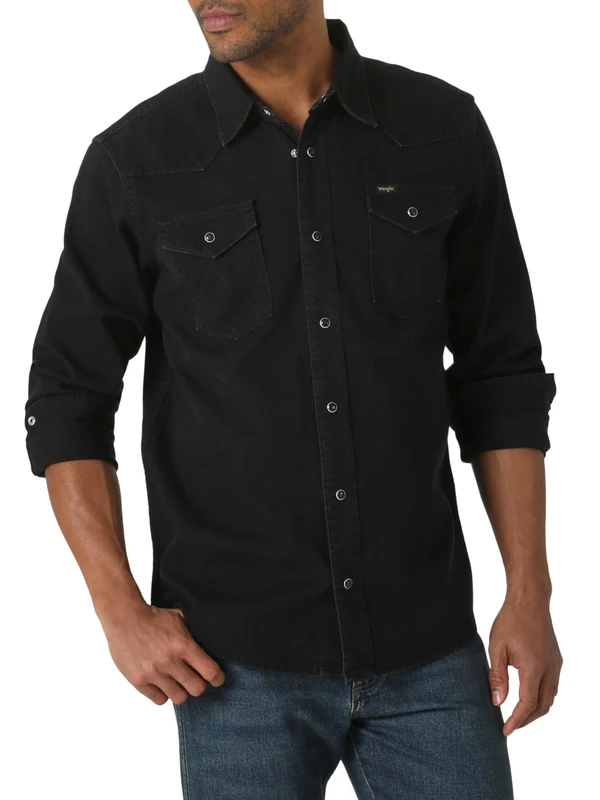 Wrangler Men's Iconic Regular Fit Snap Shirt Button, Black Denim, Medium