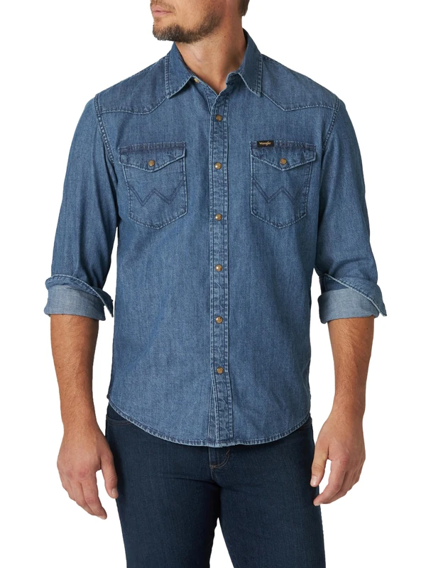 Wrangler Men's Iconic Regular Fit Snap Shirt Button, Mid Tint Denim, Medium