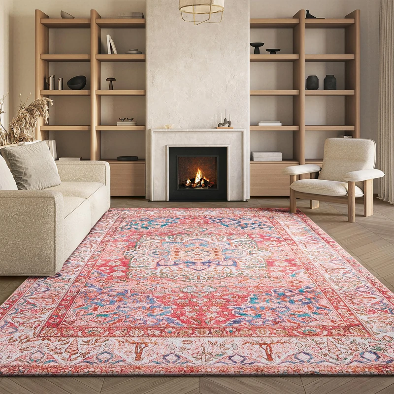 Safavieh Traditional Rug Ideal for High Traffic Areas - Machine Washable and Non Slip - Tucson Collection, Short Pile, in Rose and Cream, 244 X 305 cm