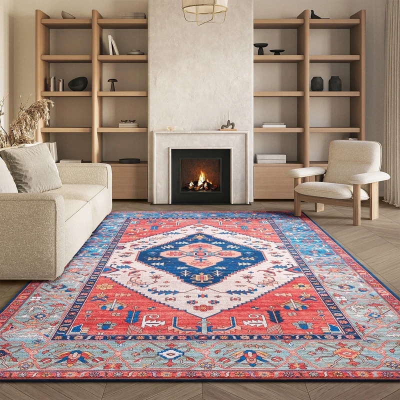 Safavieh Traditional Rug Ideal for High Traffic Areas - Machine Washable and Non Slip - Tucson Collection, Short Pile, in Rust and Blue, 244 X 305 cm