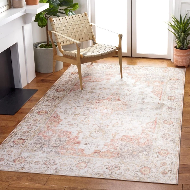 SAFAVIEH Traditional Rug Ideal for High Passage Areas - Machine Washable and Non Slip - Tucson Collection Short Pile Rug, Light Grey and Rust, 76 x 366 cm