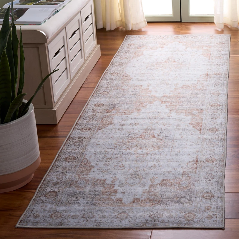 Safavieh Traditional Rug Ideal for High Traffic Areas - Machine Washable and Non Slip - Tucson Collection, Short Pile, in Light Grey and Rust, 244 x 244 cm