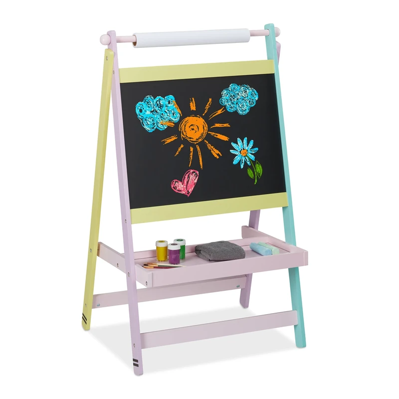 Relaxdays Children´s Chalkboard with Replaceable Paper Roll, Self-Supporting Standing Easle for Kids, Drawing, Colourful, Fibreboard, HxWxD approx. 90 x 56 x 42 cm