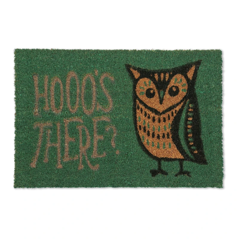 Relaxdays Owl Hooo's there Doormat Rubber, 40 x 60 cm, Door Mat Inside & Outside, Non-Slip, Green/Coir, Coco