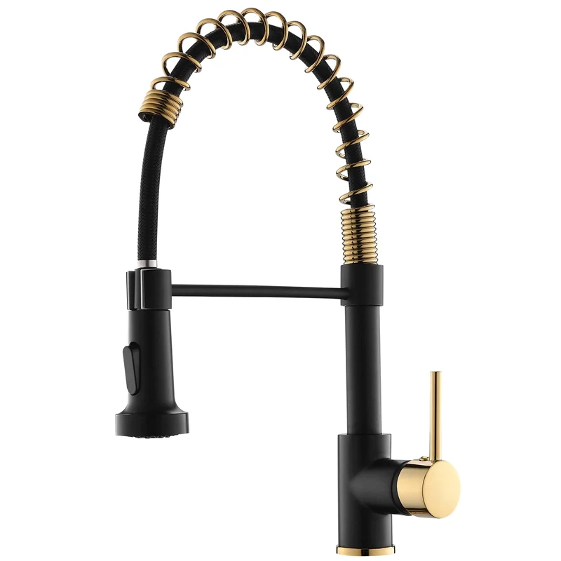 AIMADI Matte Black Kitchen Faucet,Black and Gold Kitchen Faucet with Pull Down Sprayer Commercial Single Handle Spring Faucet for Kitchen Sink,Matte Black & Gold