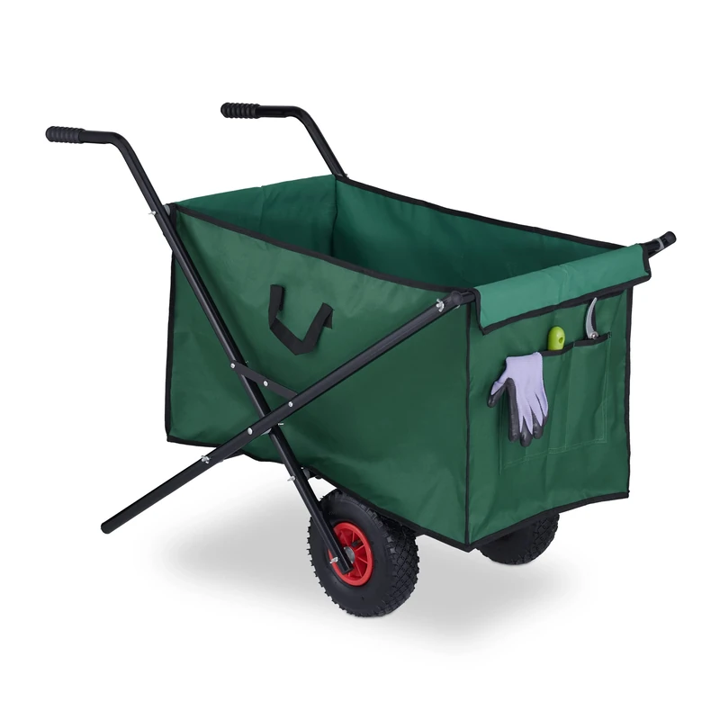 Relaxdays Wheelbarrow, Folding Garden Trolley, 160 L, with Handles & 2 Pneumatic Tyres, up to 50 kg, Garden Transport Trolley, Green
