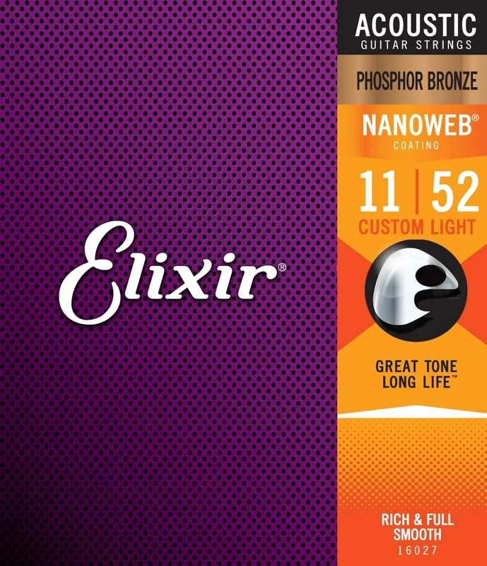 eocoyark Elixir Strings Phosphor Bronze Acoustic Guitar Strings w NANOWEB Coating, Custom Light (.011-.052)