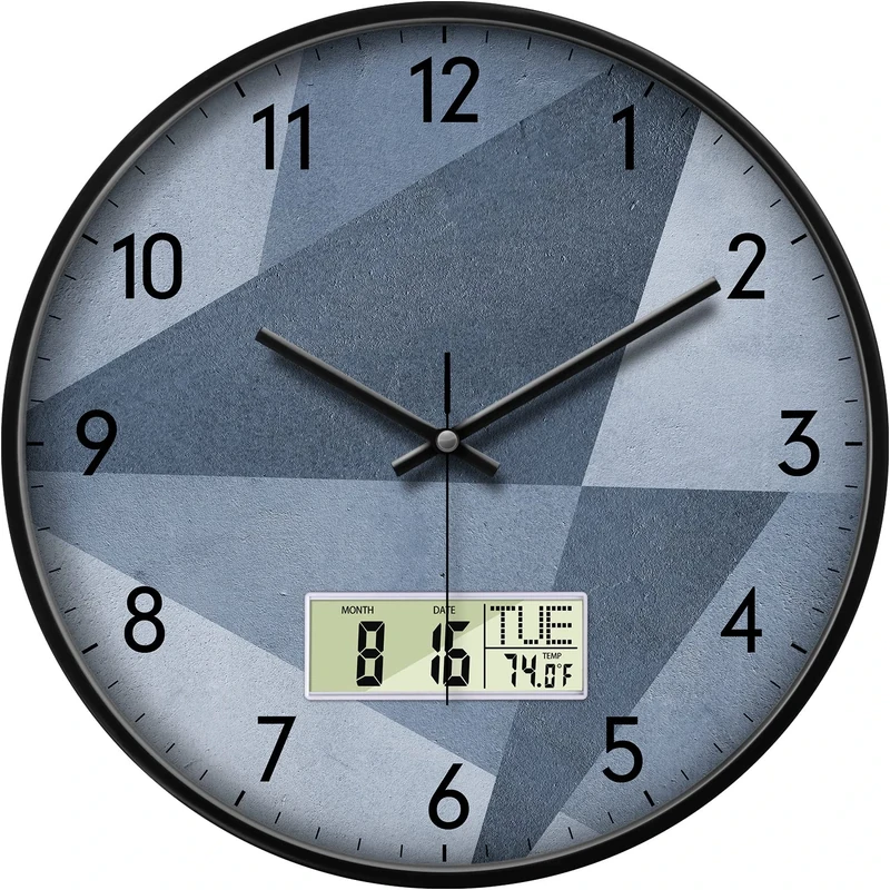 Modern Silent Non-Ticking Wall Clock Grey for Living Room Decor Digital Large Display Quiet Battery Operated Wall Clocks with Date and Day of Week Temperature Large Numbers for Office Bedroom 14 Inch