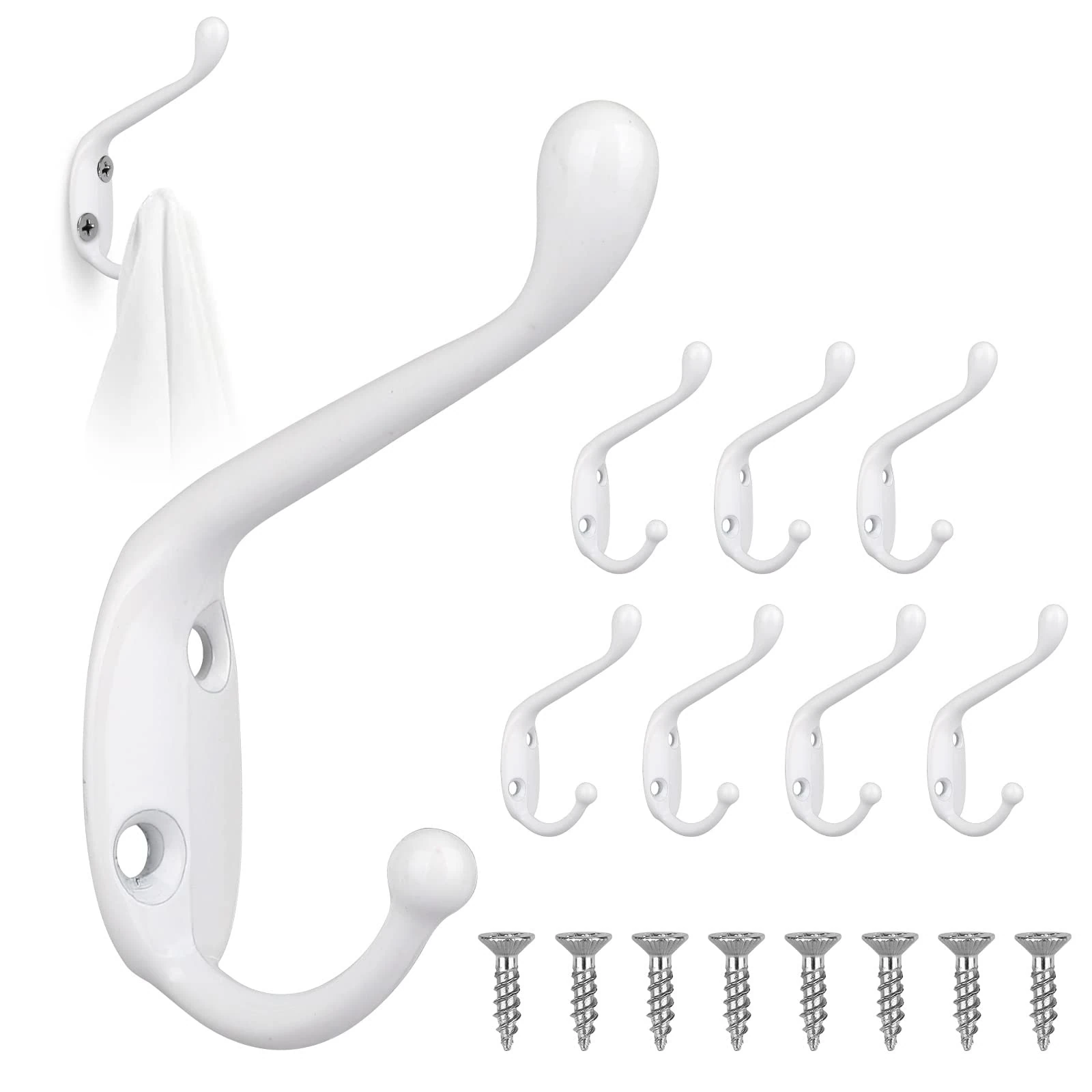 GOTRUST Prong Wall Mounted Hooks, 8Pcs Vintage Clothes Hooks for Coats, White Double Door Hook with 16Pcs Screws, Metal Bathroom Hanger Hook for Towel Hat Keys Bag