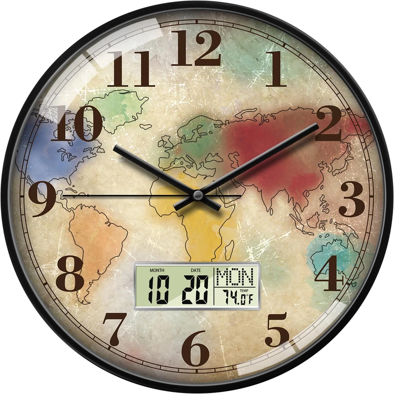 Modern Round Retro Digital and Analog Wall Clock Silent Calendar Colorful World Map Vintage Clocks with Date and Temperature Week Quiet Non-Ticking Kid Room Office Kitchen Decor for Bedroom 14 Inch