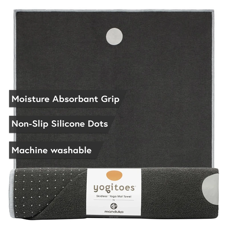 Manduka Yogitoes Yoga Towel for Mat, Non-Slip and Quick Dry for Hot Yoga with Rubber Bottom Grip Dots,Thin and Lightweight, 71 Inches, Grey