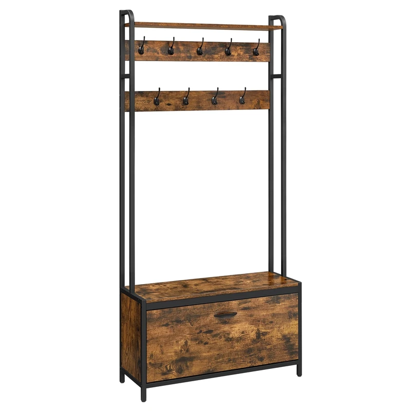 VASAGLE Coat Rack with Shoe Storage, Hall Tree with Bench, 9 Hooks and Top Shelf, for Hallway, Bedroom, Industrial Style, Rustic Brown and Ink Black HSR405B01