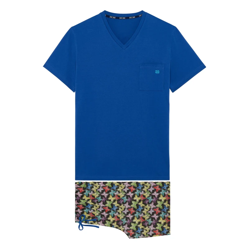 HOM Men's Pyjama Court Pajama Set, Top: Plain Blue Bottom: Multicos Butterfly Print Black Background, S