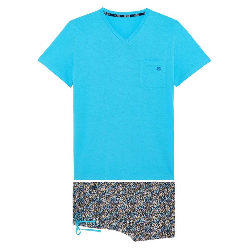 Hom Men's Pyjama Court Buddy Pajama Set, Top: Turquoise Plain Bottom: Multico Foliage Print On Navy Background, XXL