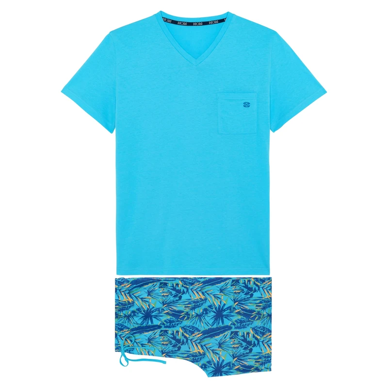 HOM Men's Pyjama Court Valley Pajama Set, Top: Turquoise Plain Bottom: Blue/Yellow/Green Foliage Print Turquoise Background, S