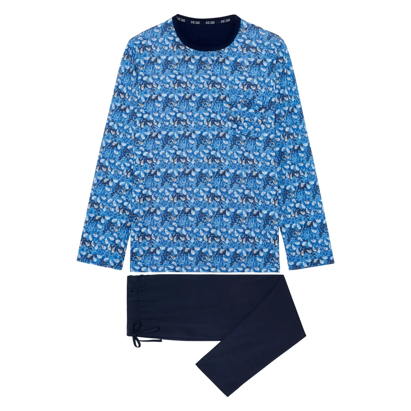 HOM Men's Pyjama Long Vibe Pajama Set, Top: Paisley Print Blue Gradient Camoufalge Bottom: Plain Navy, XXL