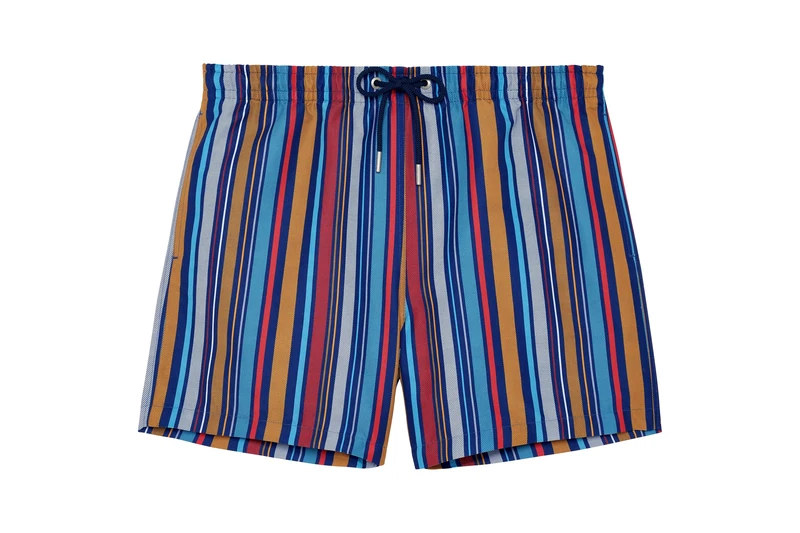 HOM Marni Men's Swimming Shorts, Blue, White, Yellow, Orange Dotted Stripes On Marine Background, S - Image 1