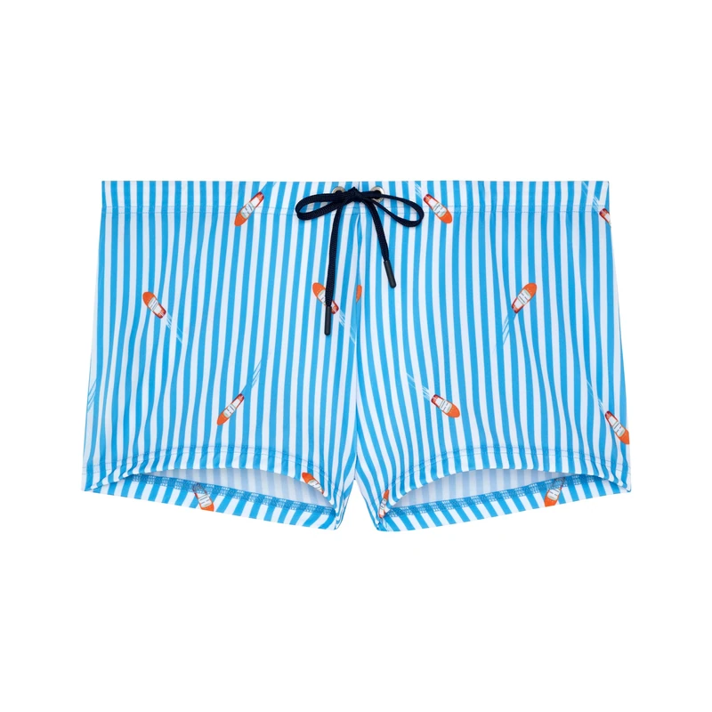 HOM Viareggio Men's Swimming Trunks (Pack of 1), White and Blue Stripe with Riva Boat, M