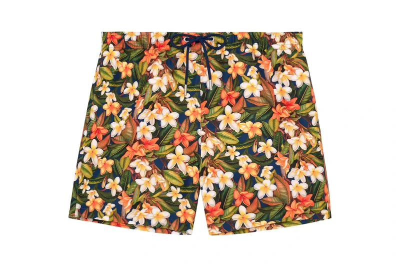 HOM Etna Men's Swimming Shorts (Pack of 1), Navy Orange Green and White Frangipani Flower Print, XXL