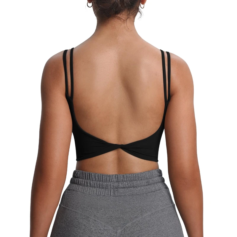Aoxjox Women's Workout Sports Bras Fitness Padded Backless Yoga Crop Tank Top Twist Back Cami, Black, S