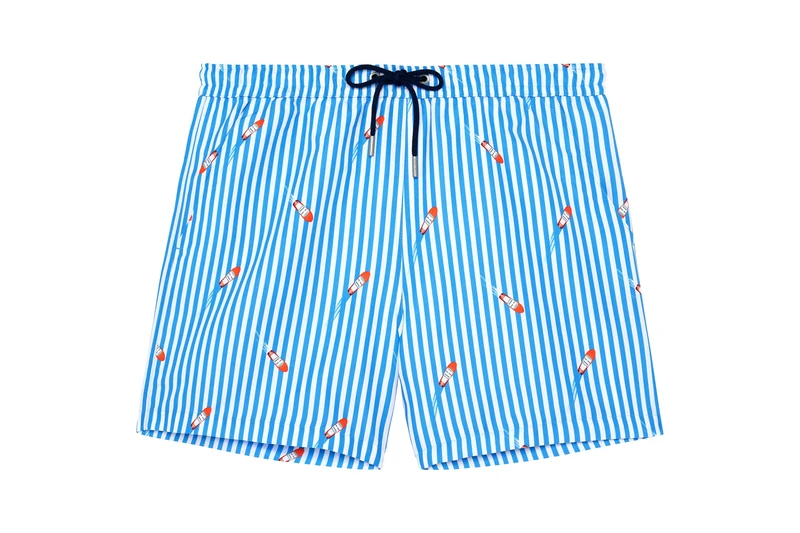 HOM Viareggio Men's Swimming Shorts (Pack of 1), White and Blue Stripe with Riva Boat, S - Image 1