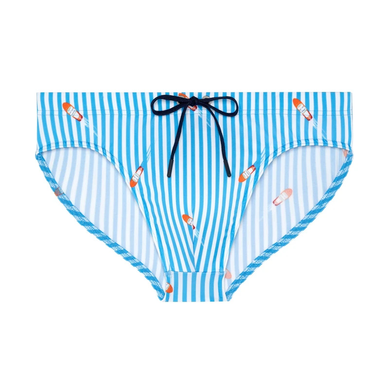HOM Viareggio Men's Swimming Trunks (Pack of 1), White and Blue Stripe with Riva Boat, M