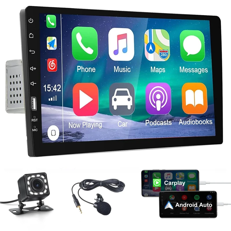 CAMECHO Single Din Apple Carplay Car Stereo with Android Auto, 9" HD Touchscreen Bluetooth Supports FM Mirror Link SWC,Car Audio Receivers with Backup Camera/External Mic/USB