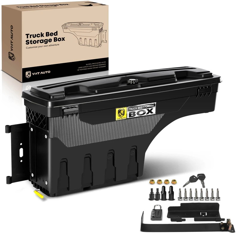 YHTAUTO Truck Bed Storage Tool Box Lockable Compatible with 1999-2016 Ford F-250 F-350 Super Duty, Driver Side, Without Bed Rail Storage, Swing Waterproof Wheel Well Toolbox
