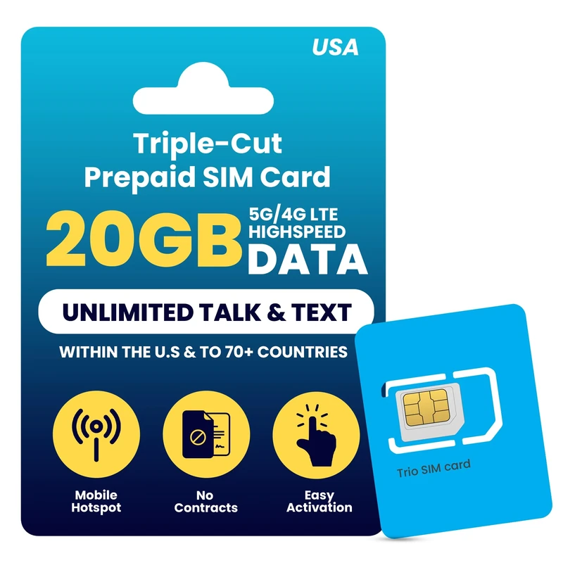 H2O Wireless 90-Day Prepaid SIM Card USA with 20GB High-Speed 4G LTE/5G Data & 5GB Mobile Hotspot, Unlimited Data, International Talk & Text, Triple-Cut US Mobile SIM Card for Cell Phones