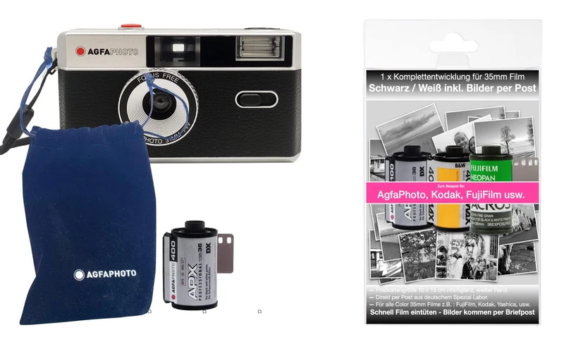 Agfa Photo Analogue 35 mm Photo Camera in Complete Set: Film + Battery + Development Set for up to 36 Black and White Images (by Post)
