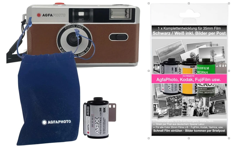 Agfa Analogue 35 mm Small Film Photo Camera Brown + Black/White Pictures Film + Battery + Complete Development Film + Pictures
